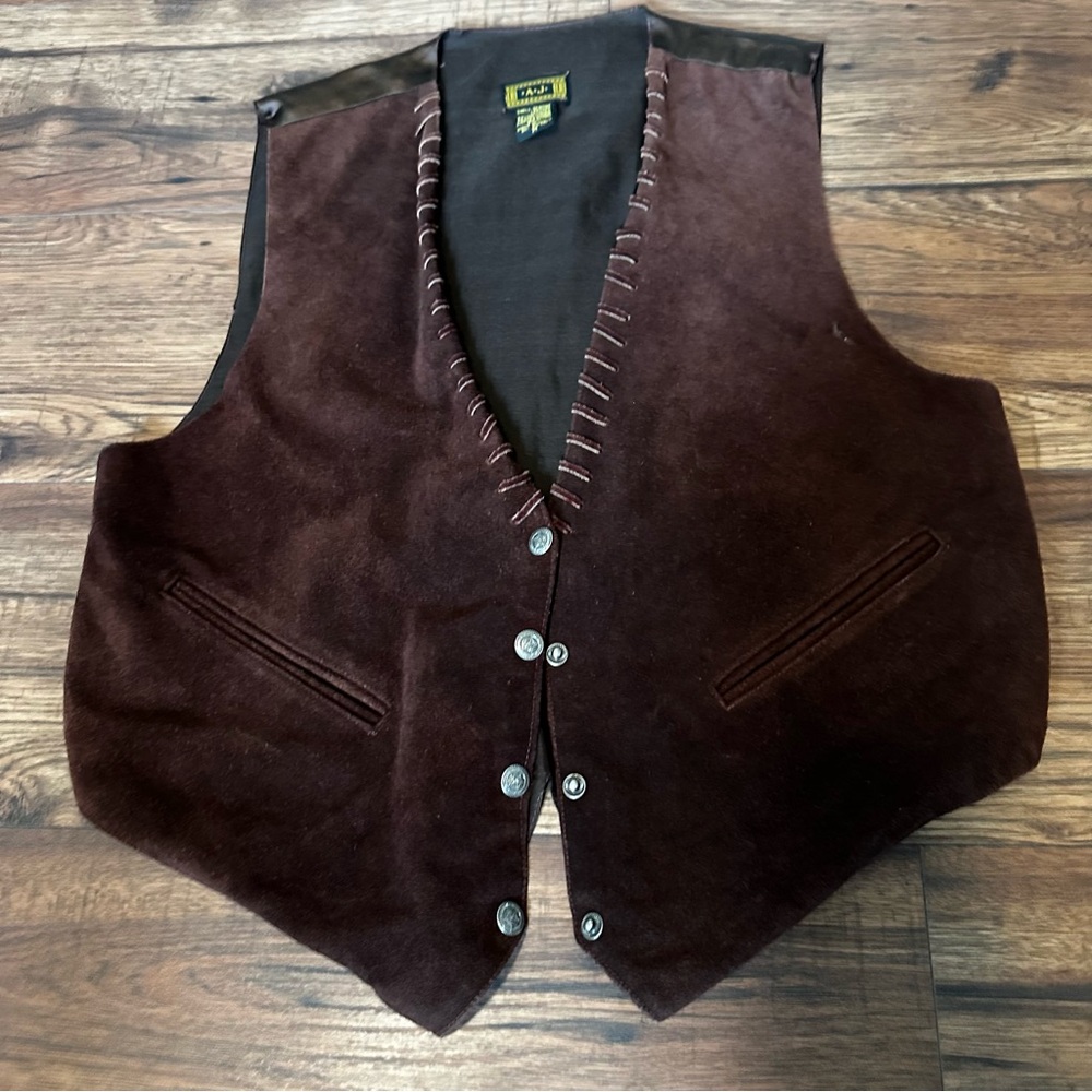 AJ Vintage Brown Suede Leather Vest M Western Cowboy Stitching Button Front